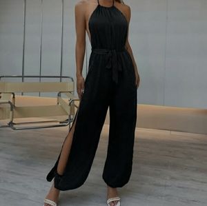 SHEIN Open Back Split Belted Halter Jumpsuit